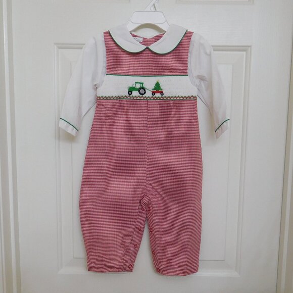 NWT Petit Ami Red Check Smocked Tractor Christmas Tree Wagon Romper sz 12 Months - Picture 1 of 2